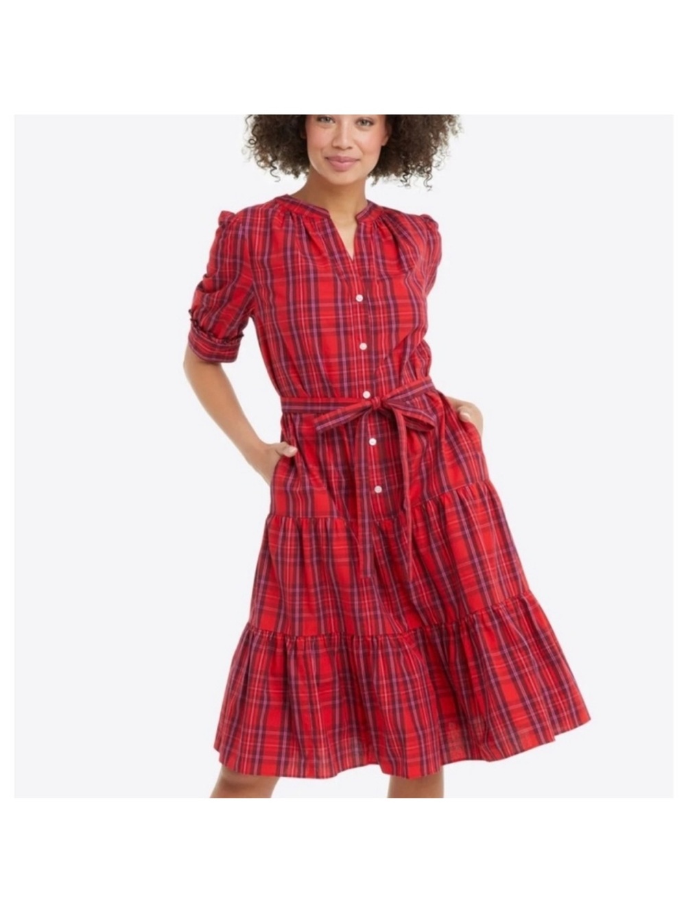 Draper James Red Plaid Button-Front Tiered Midi Dress with Self Tie